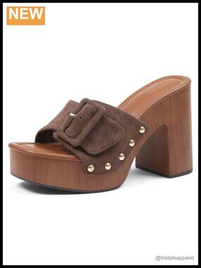 Suede Platform Heeled Sandals Open Toe Slip On Mules Wood Heel